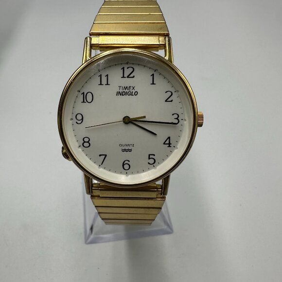 Vintage Timex Watch Men Gold Tone Stretch Band White Dial 34MM New Battery 7.75" - Picture 2 of 10